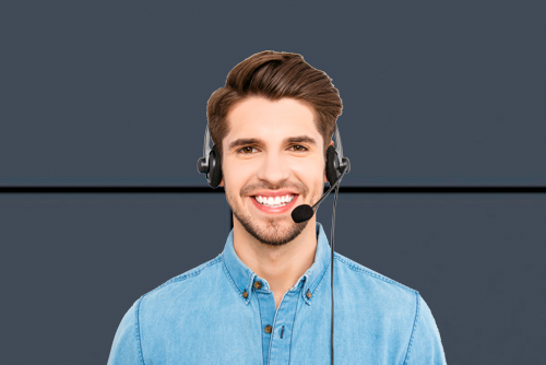 dark haired man with headset answering phone Davis & Davis Business Equipment, Houston, TX, Texas, Kyocera, Canon, HP contact us
