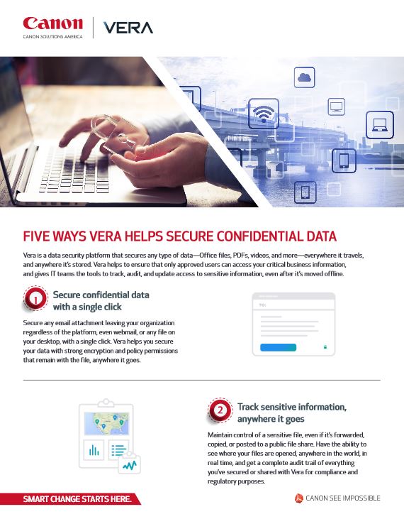 Vera Flyer 5 Ways Vera Helps Secure Confidential Data Cover, Canon Davis & Davis Business Equipment, Houston, TX, Texas, Kyocera, Canon, HP