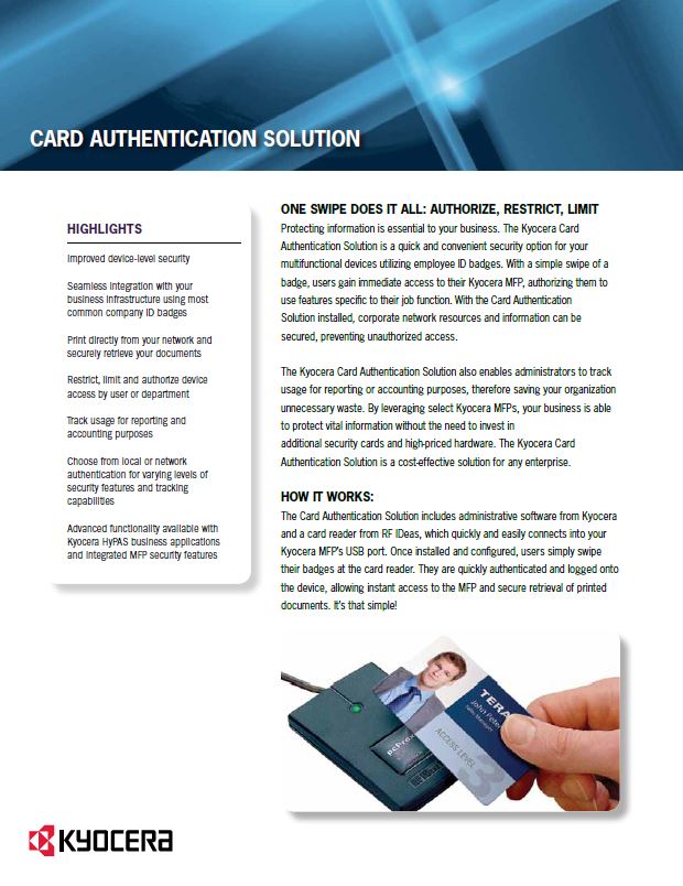 Kyocera Software Cost Control And Security Card Authentication Data Sheet Thumb, Davis & Davis Business Equipment, Houston, TX, Texas, Kyocera, Canon, HP