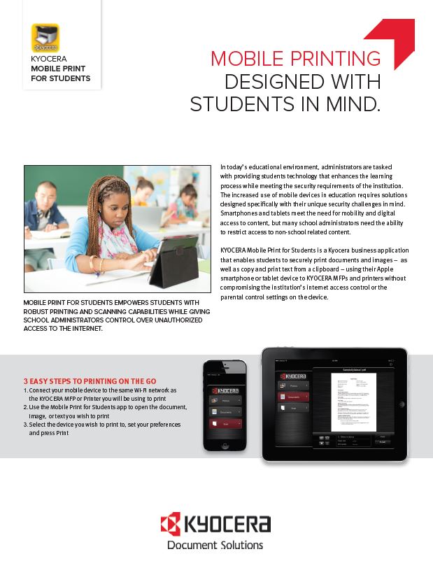 Kyocera Software Mobile And Cloud Kyocera Mobile Print For Students Data Sheet Thumb, Davis & Davis Business Equipment, Houston, TX, Texas, Kyocera, Canon, HP